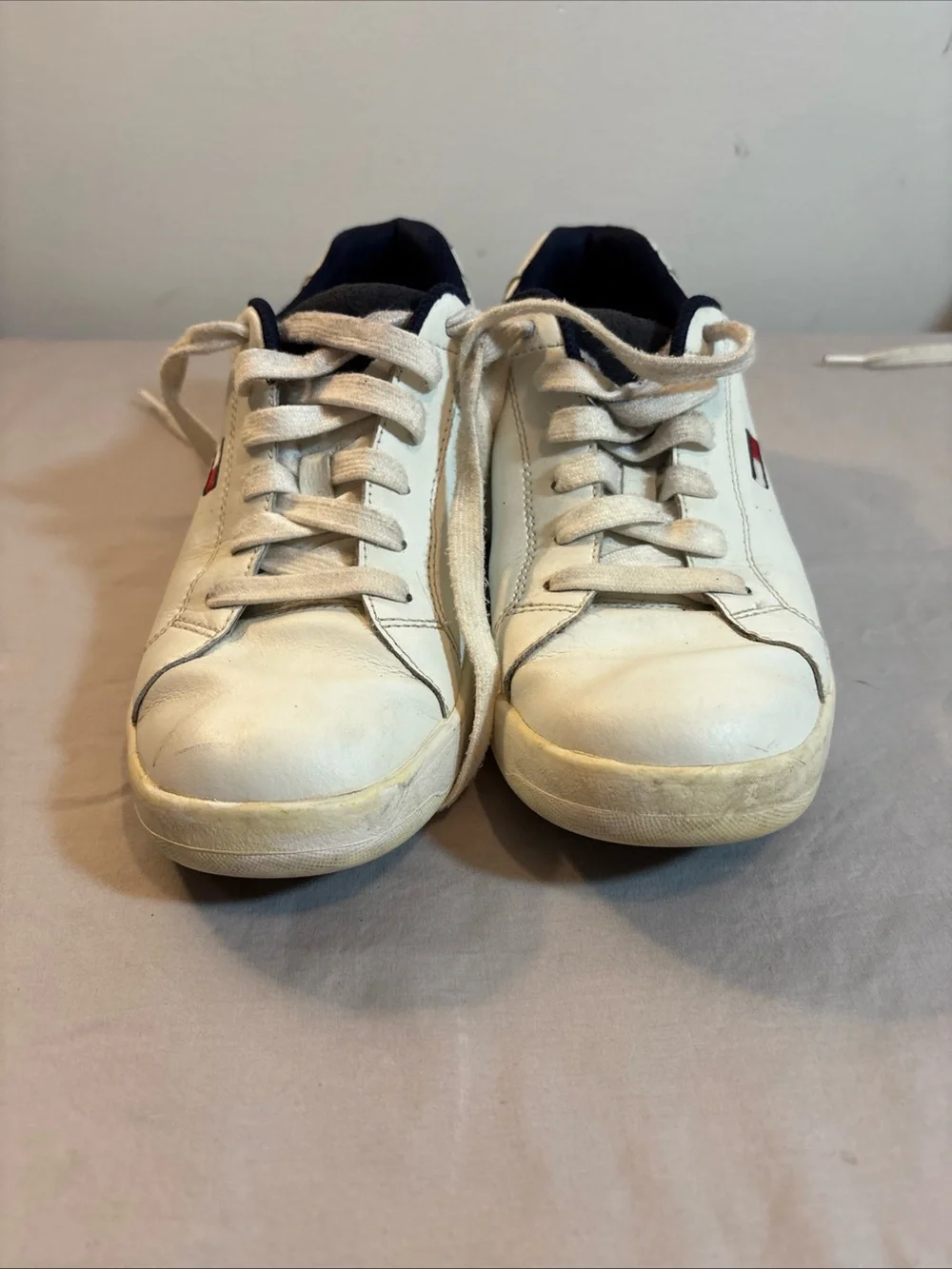 Tommy Hilfiger Women’s White Leather Sneakers with Navy Lining and Flag Accent